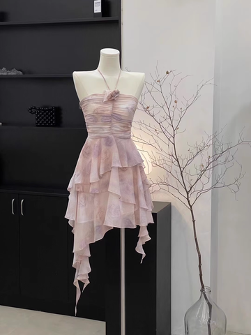 Sheath Halter Ruffled Light Pink Short Women's Holiday Summer Dresses SD202